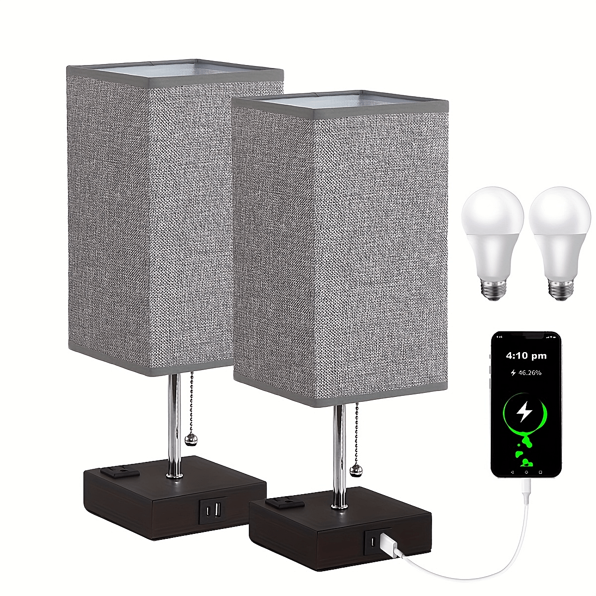 Moktan Sabai LumaTouch | Touch Table Lamp with USB Outlet and Fabric Shade Bedside Decor Grey (2 packs)