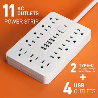17-in-1 Power Strip Surge Protector – 11 AC Outlets, 4 USB, 2 Type-C, Flat Plug