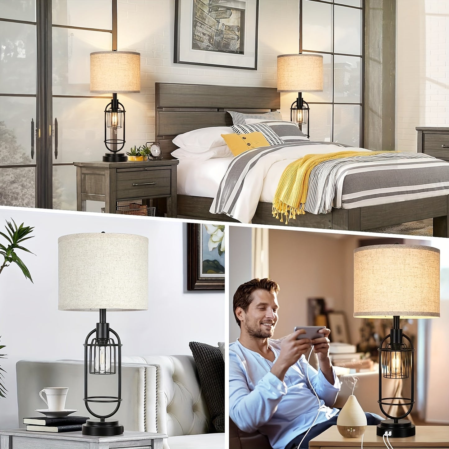 Farmhouse Table Lamps Set of 2, 29" Tall, USB, 2-Light Bedside Lamps, E26