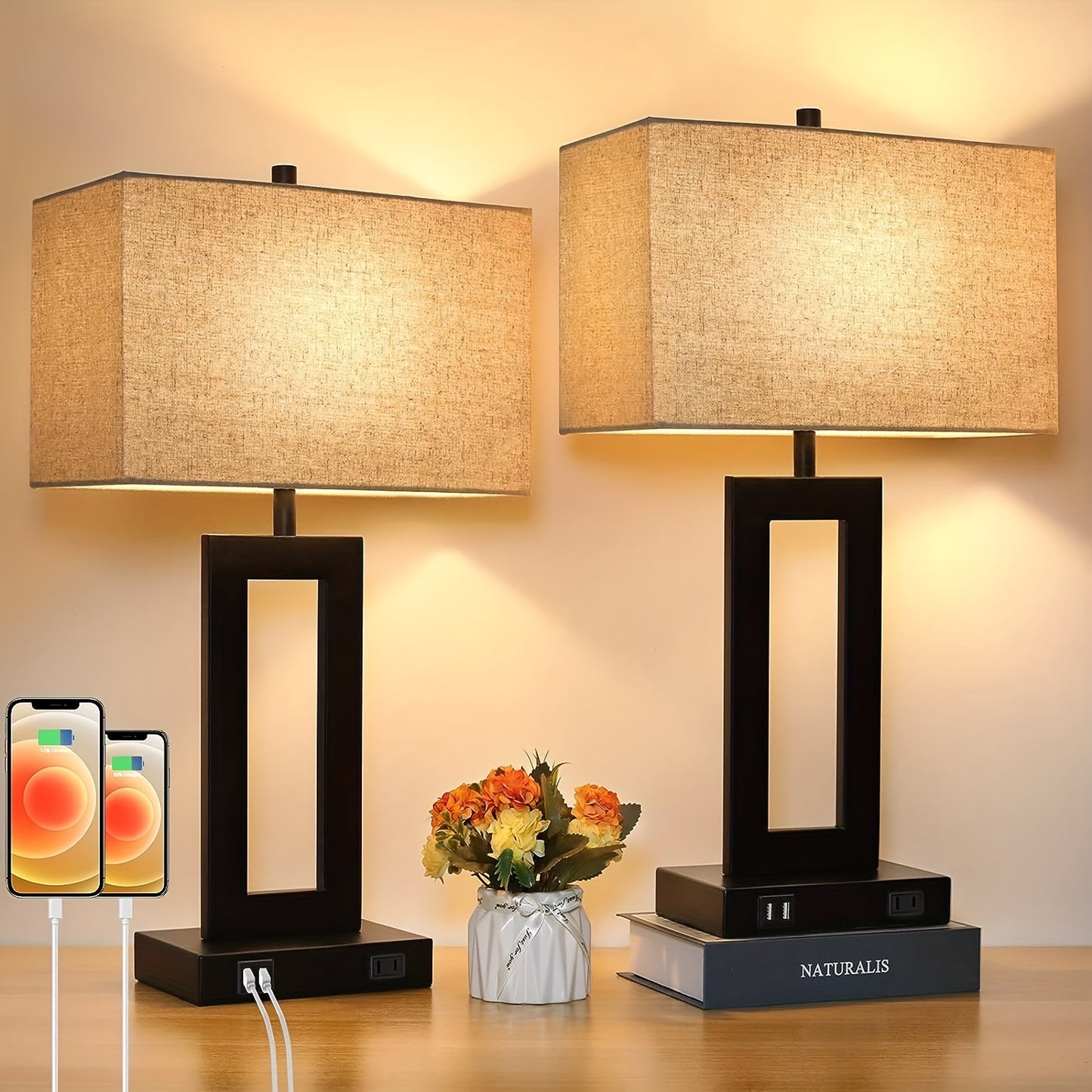 Touch Table Lamps Set of 2, USB, 3-Way Dimmable, Bedside Nightstand Lamp