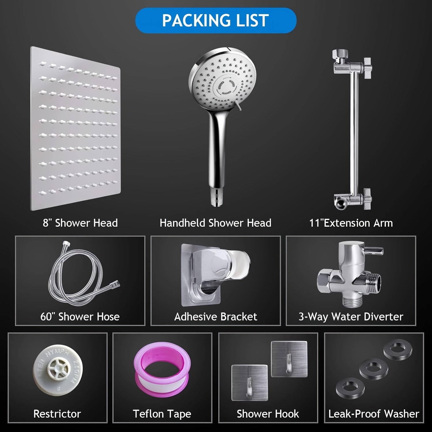 8 Rainfall Shower Head Combo – High Pressure, Handheld, 5 Settings, Extension Arm - Moktan Sabai