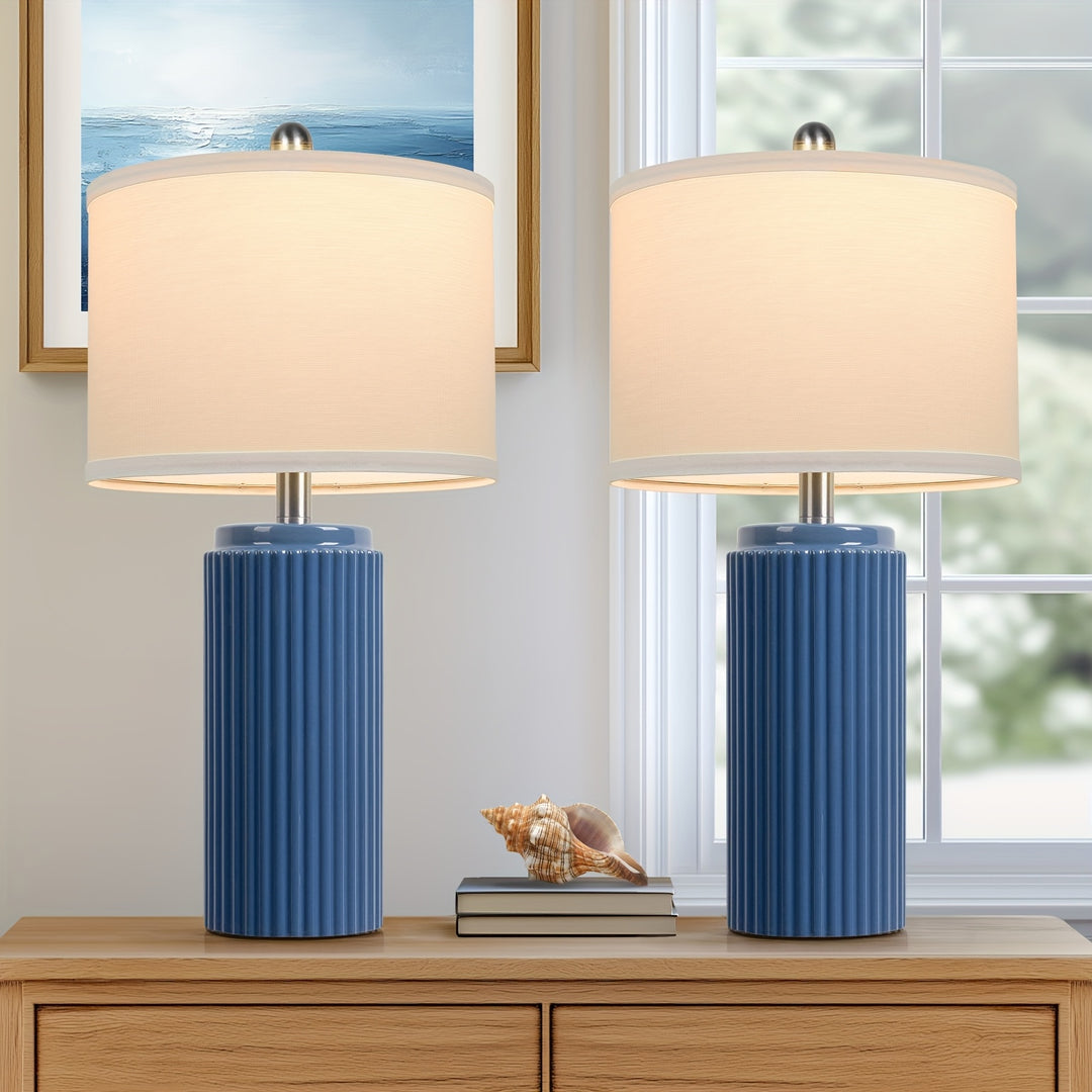 Moktan Sabai Farmhouse Table Lamps Set of 2 – Ceramic Base Bedside Lamps for Bedroom & Living Blue