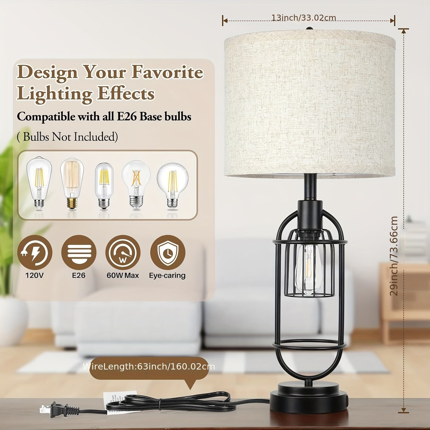 Farmhouse Table Lamps Set of 2, 29" Tall, USB, 2-Light Bedside Lamps, E26