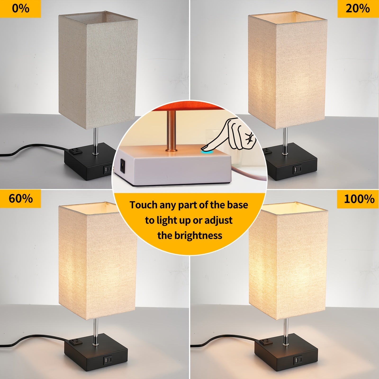Moktan Sabai LumaTouch | Touch Table Lamp with USB Outlet and Fabric Shade Bedside Decor