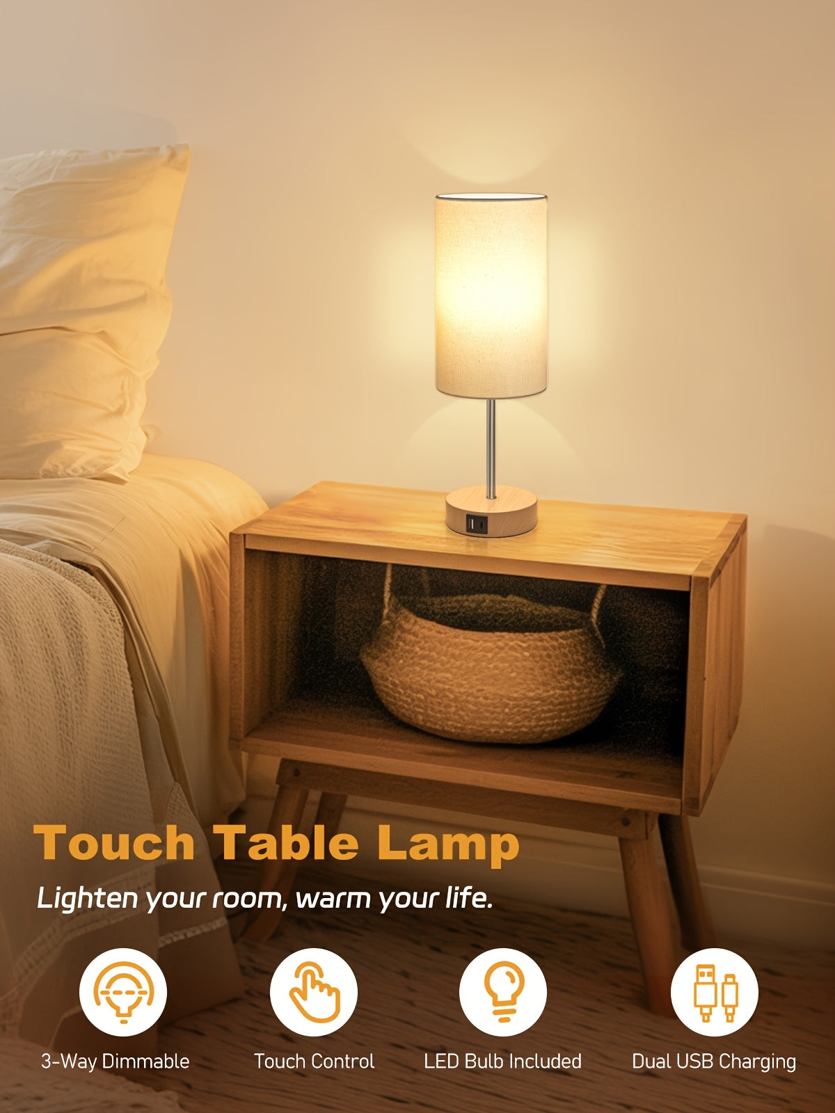 Moktan Sabai 2-Pack Touch Control USB Table Lamps – 3-Way Dimmable LED Bedside Light Set