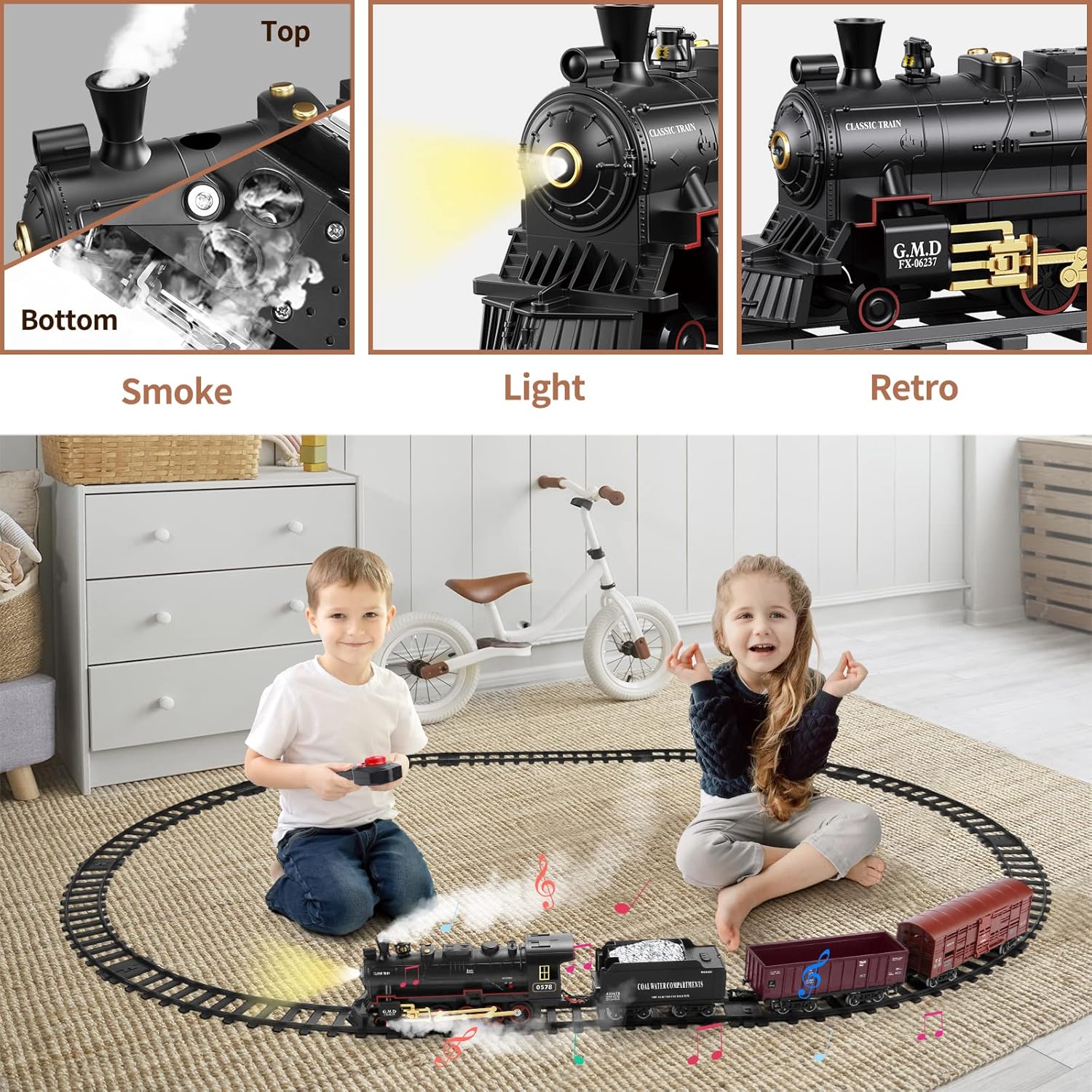 Moktan Sabai Kids Electric Train Set with Steam Smoke Lights Sounds Battery Powered