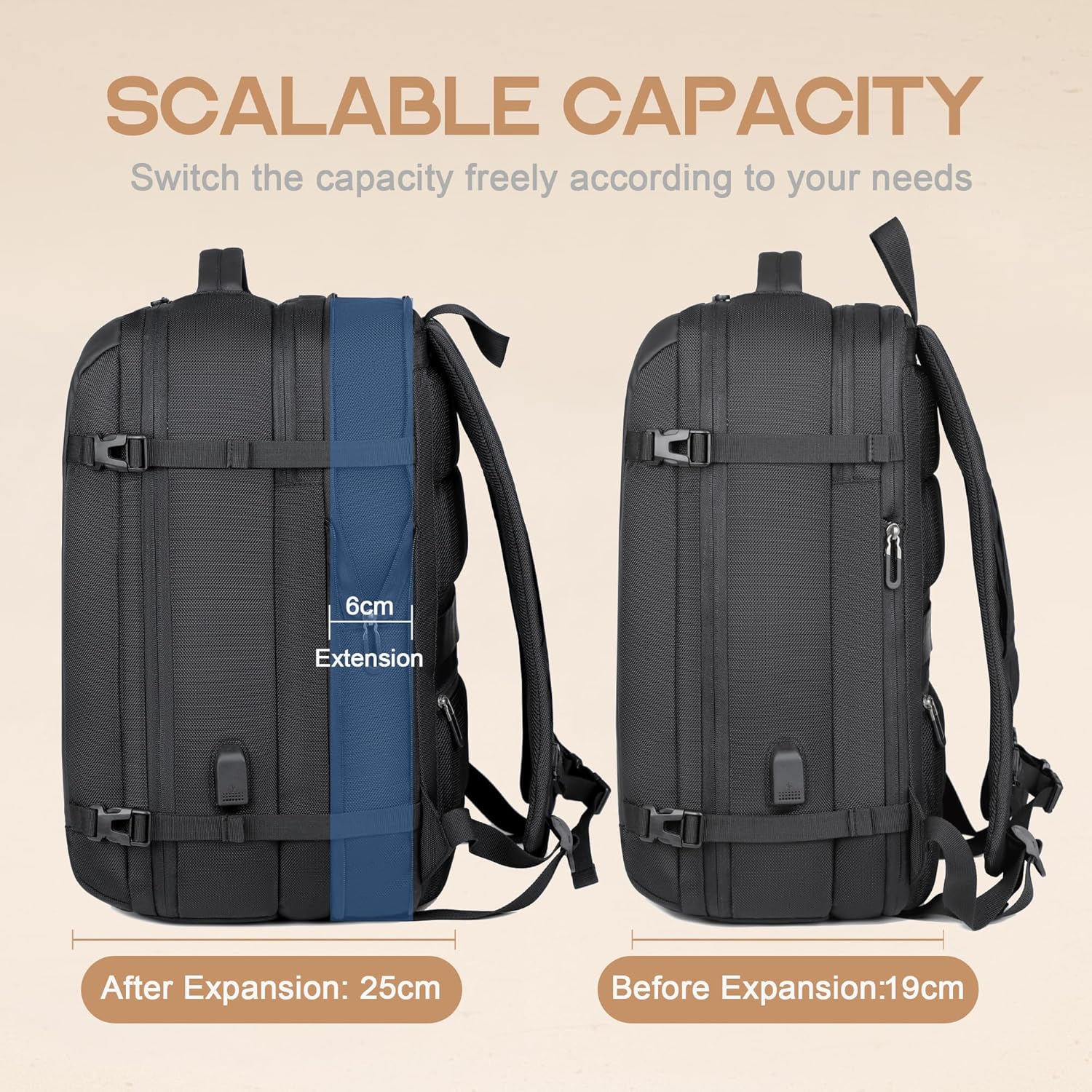 Moktan Sabai 40L Expandable Laptop Backpack USB Anti-Theft Travel Bag