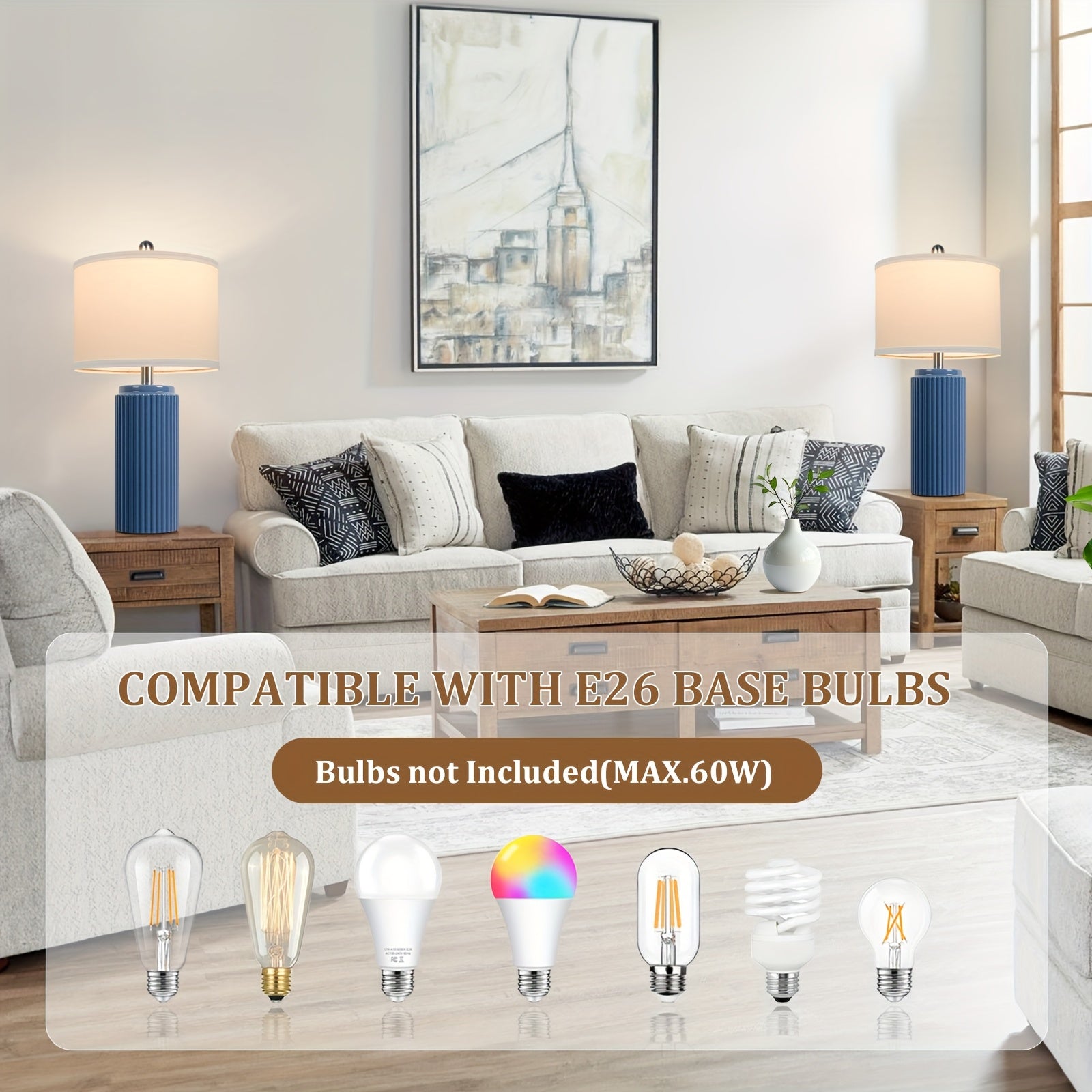 Moktan Sabai Farmhouse Table Lamps Set of 2 – Ceramic Base Bedside Lamps for Bedroom & Living
