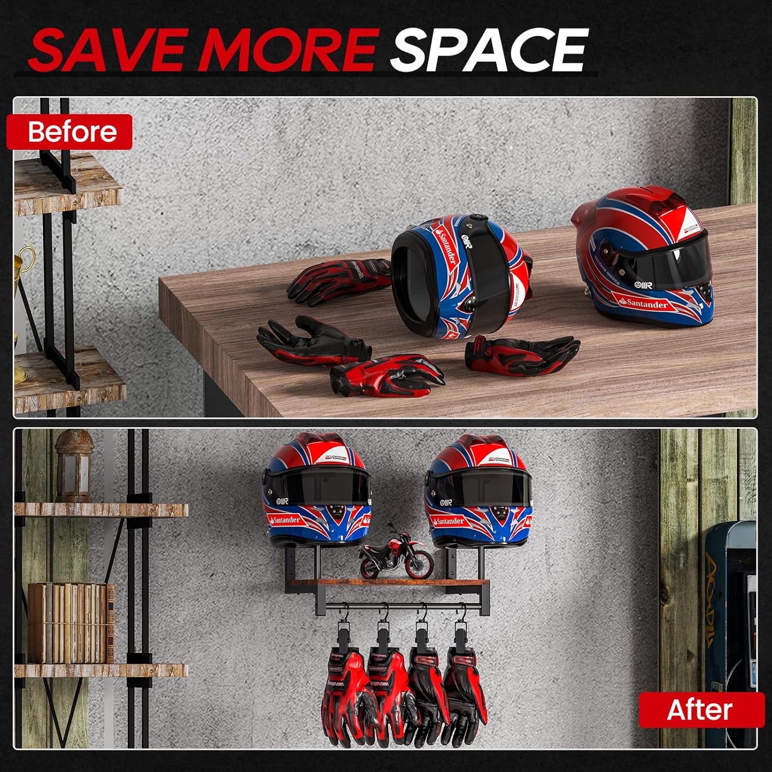 Moktan Sabai Wall Mounted Helmet Rack | Wooden Sports Gear & Jacket Organizer