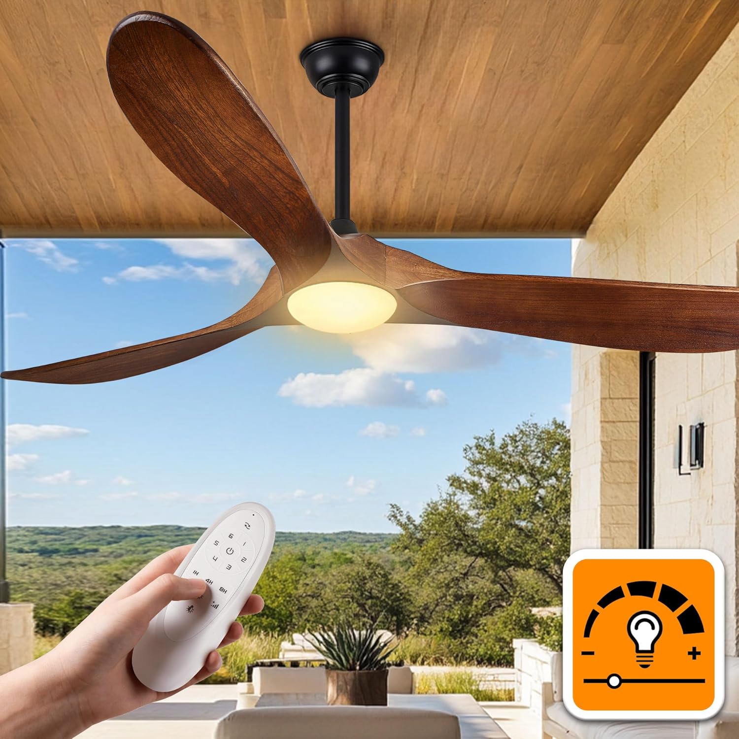 Moktan Sabai 52 Inch Walnut Ceiling Fan with LED Light 3-Blade DC Remote