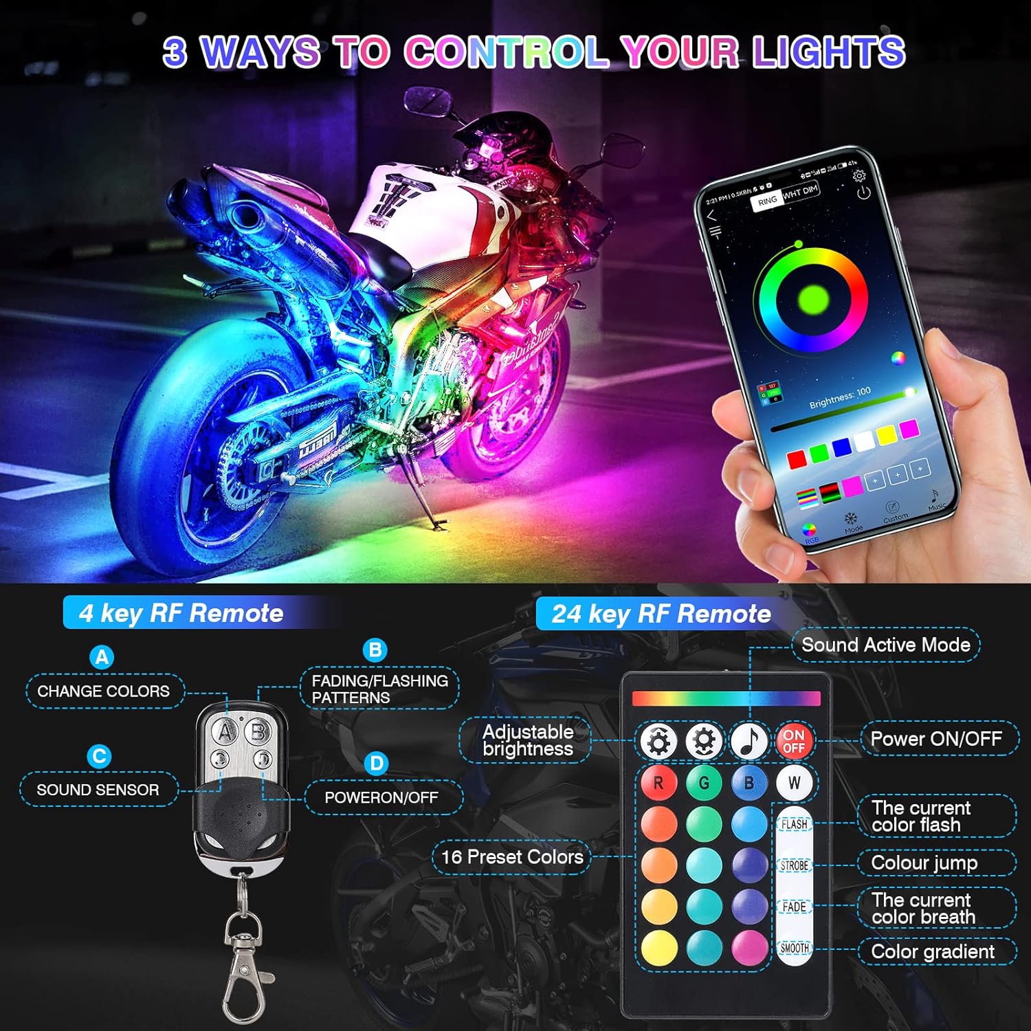 Moktan Sabai Motorcycle RGB LED Light Kit 12PCS Bluetooth Underglow with Brake & Turn Signal