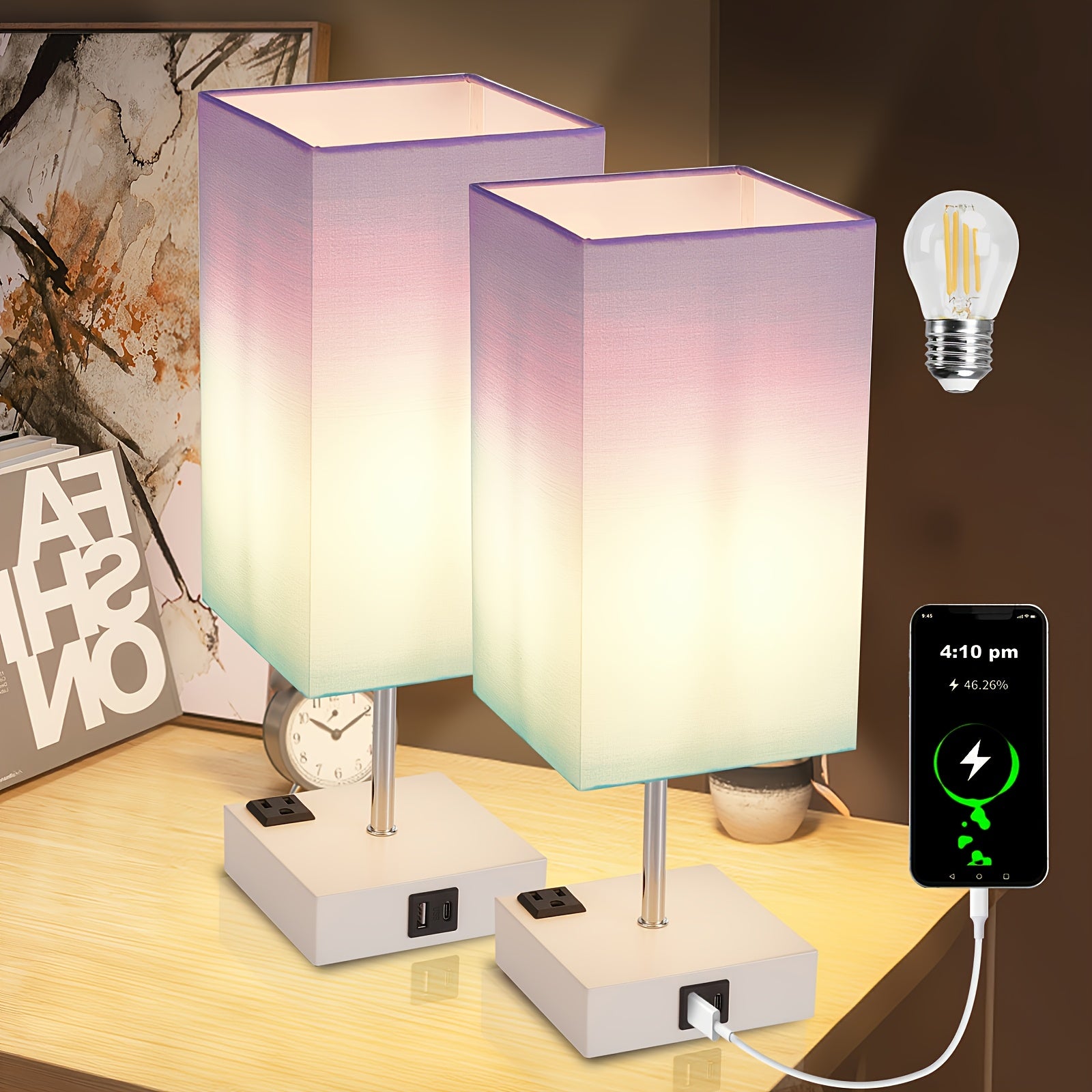 Moktan Sabai LumaTouch | Touch Table Lamp with USB Outlet and Fabric Shade Bedside Decor Purple Gradient (2 Packs)