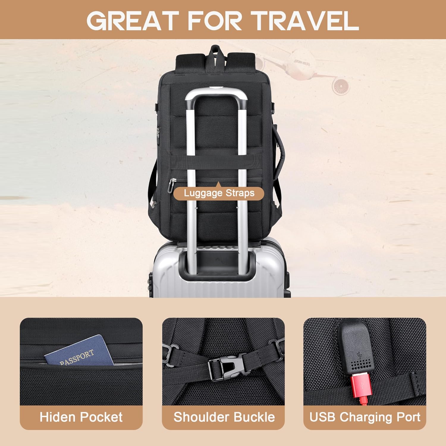 Moktan Sabai 40L Expandable Laptop Backpack USB Anti-Theft Travel Bag