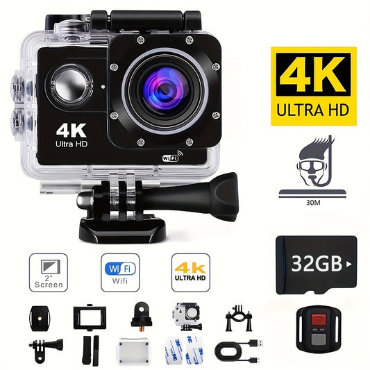 4K Action Camera with 32GB Card – WiFi, 170° Wide Lens, Remote, Helmet Mount