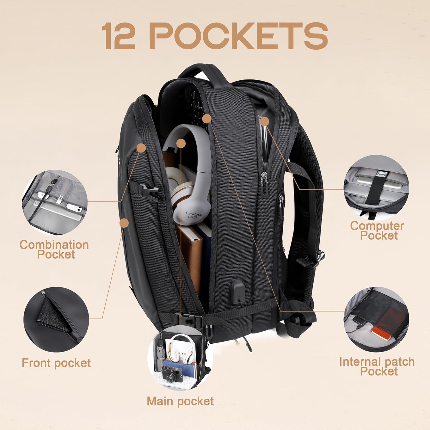 Moktan Sabai 40L Expandable Laptop Backpack USB Anti-Theft Travel Bag