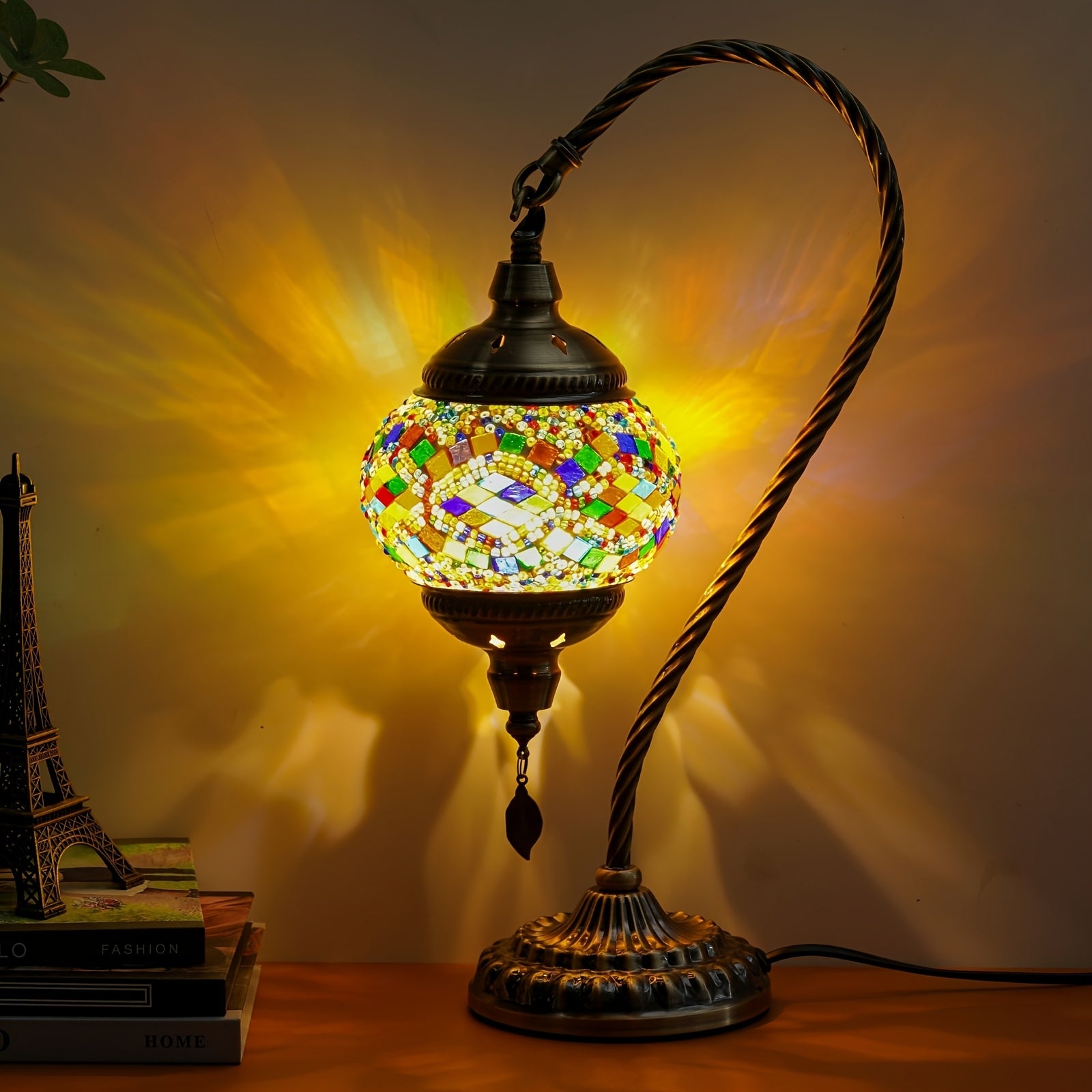 Moktan Sabai Turkish Mosaic Table Lamp – Swan Neck Moroccan Bedside Light with LED Bulb Multicolored