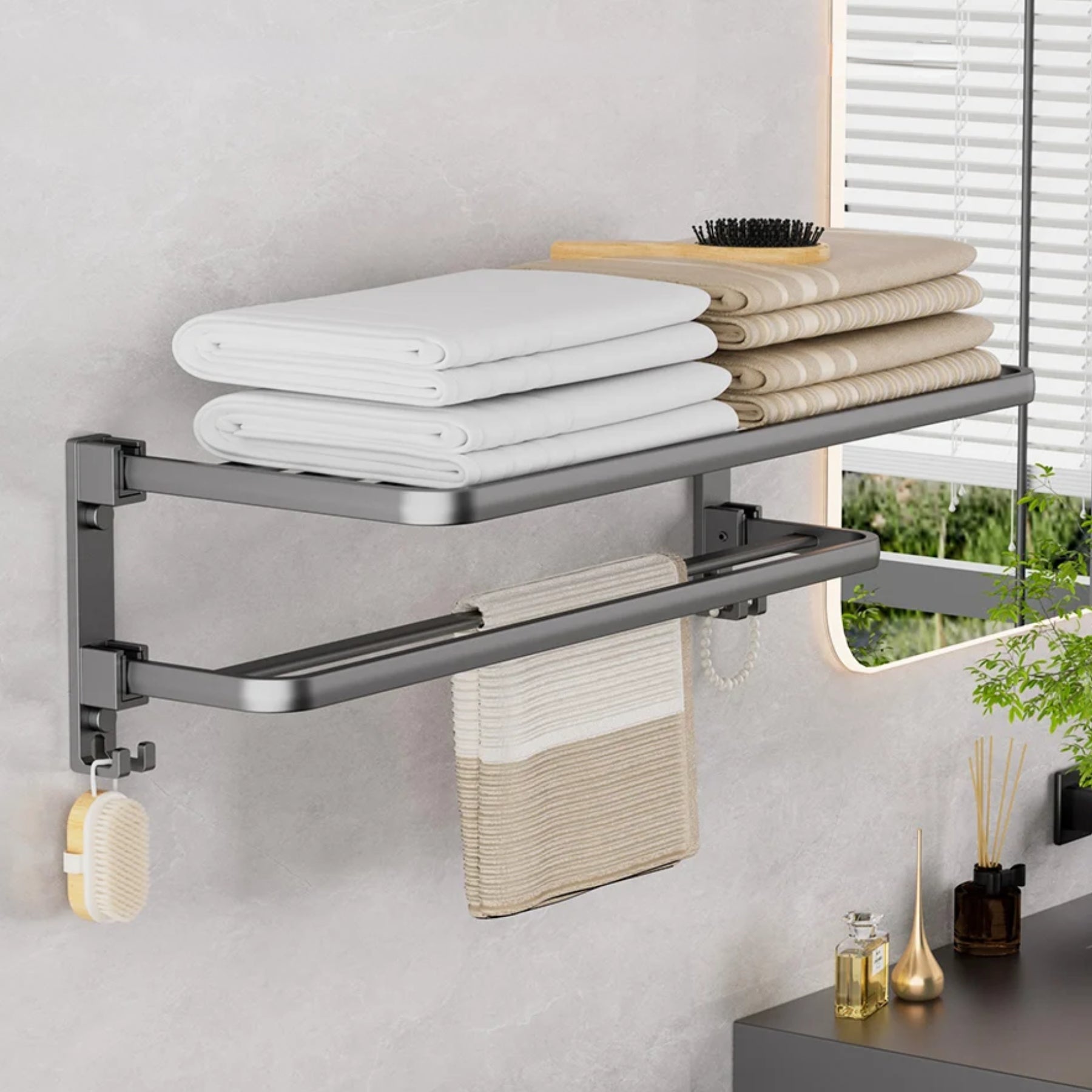 Moktan Sabai Black Towel Rack | Wall Mounted Bathroom Shelf Grey