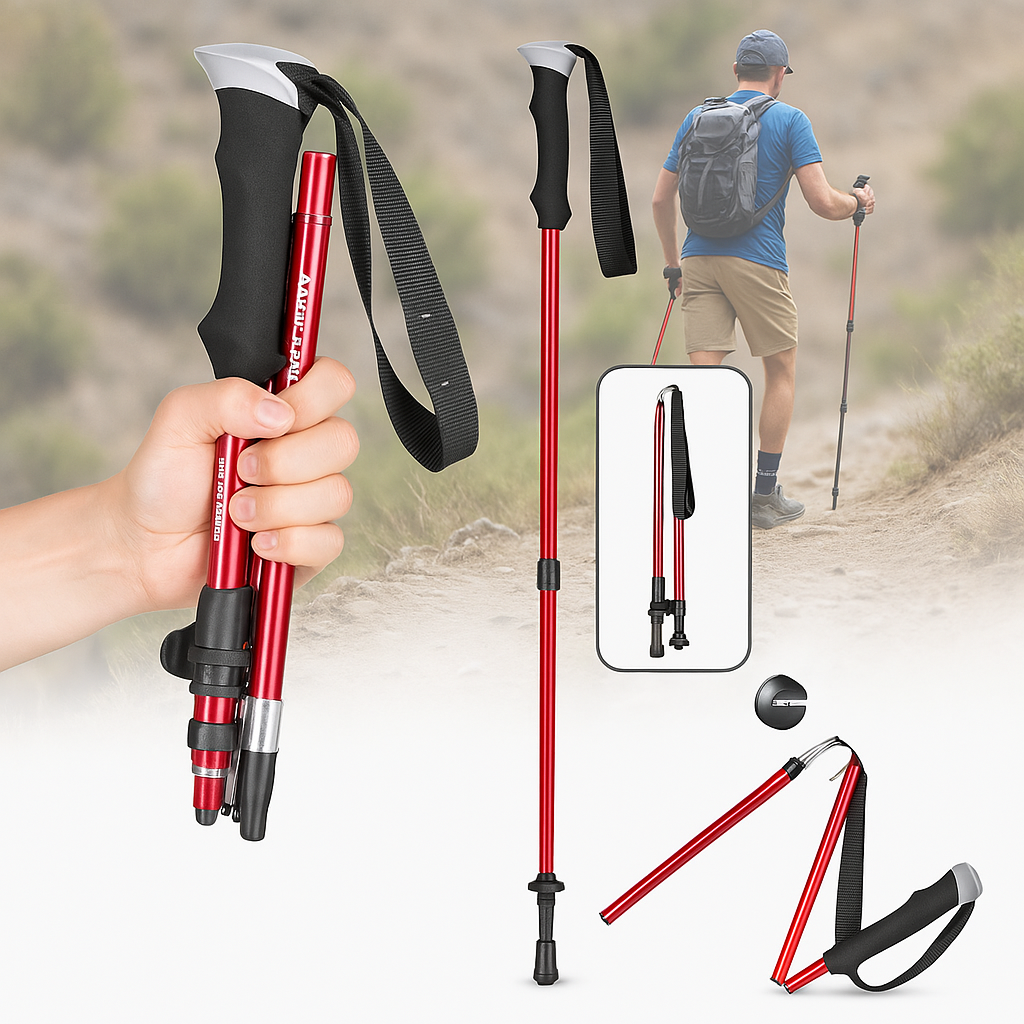 Moktan Sabai Adjustable Foldable Hiking Poles 110–135cm Trekking Sticks Red
