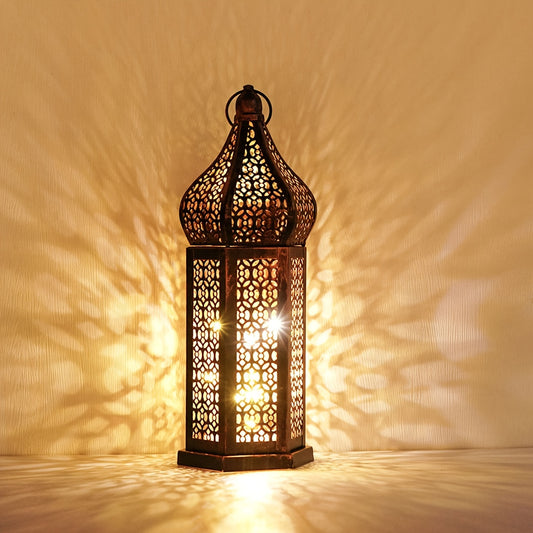Moroccan LED Lantern Rustic Vintage Metal Table Lamp for Home Decor Boho Style