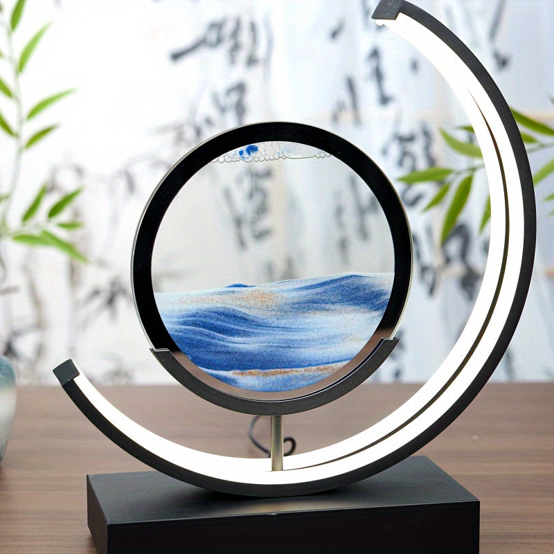 Moktan Sabai Sandscape Hourglass Table Lamp – Moving Sand Art LED Gift Light for Decor Blue Black