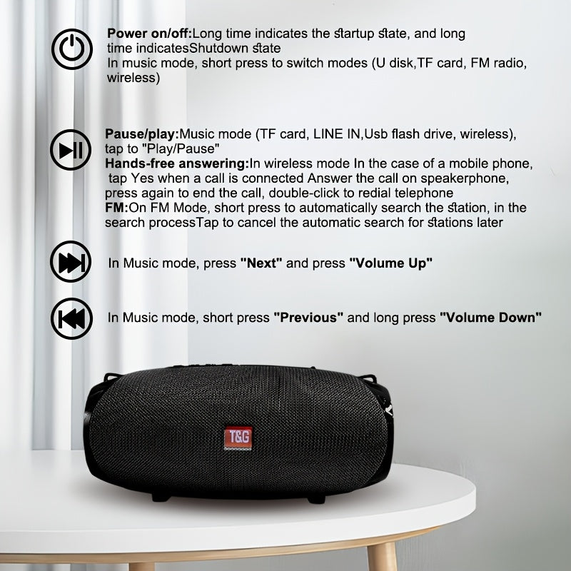 Portable Bluetooth Speaker with TWS Stereo, FM, USB/TF Card, Mic, Hi-Res Audio
