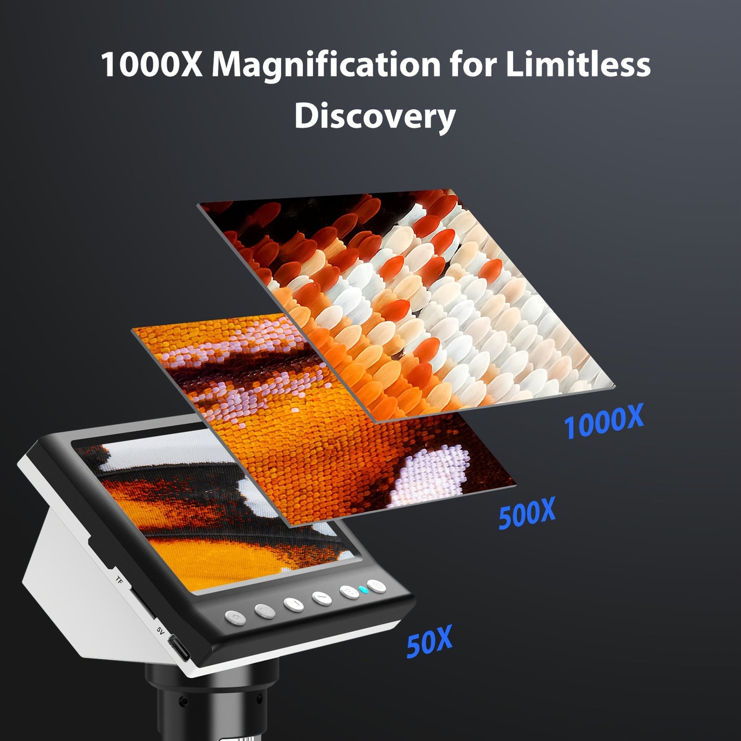 4.3" LCD Digital Microscope 1000X with Screen, USB, LED, for Coins & Windows PC