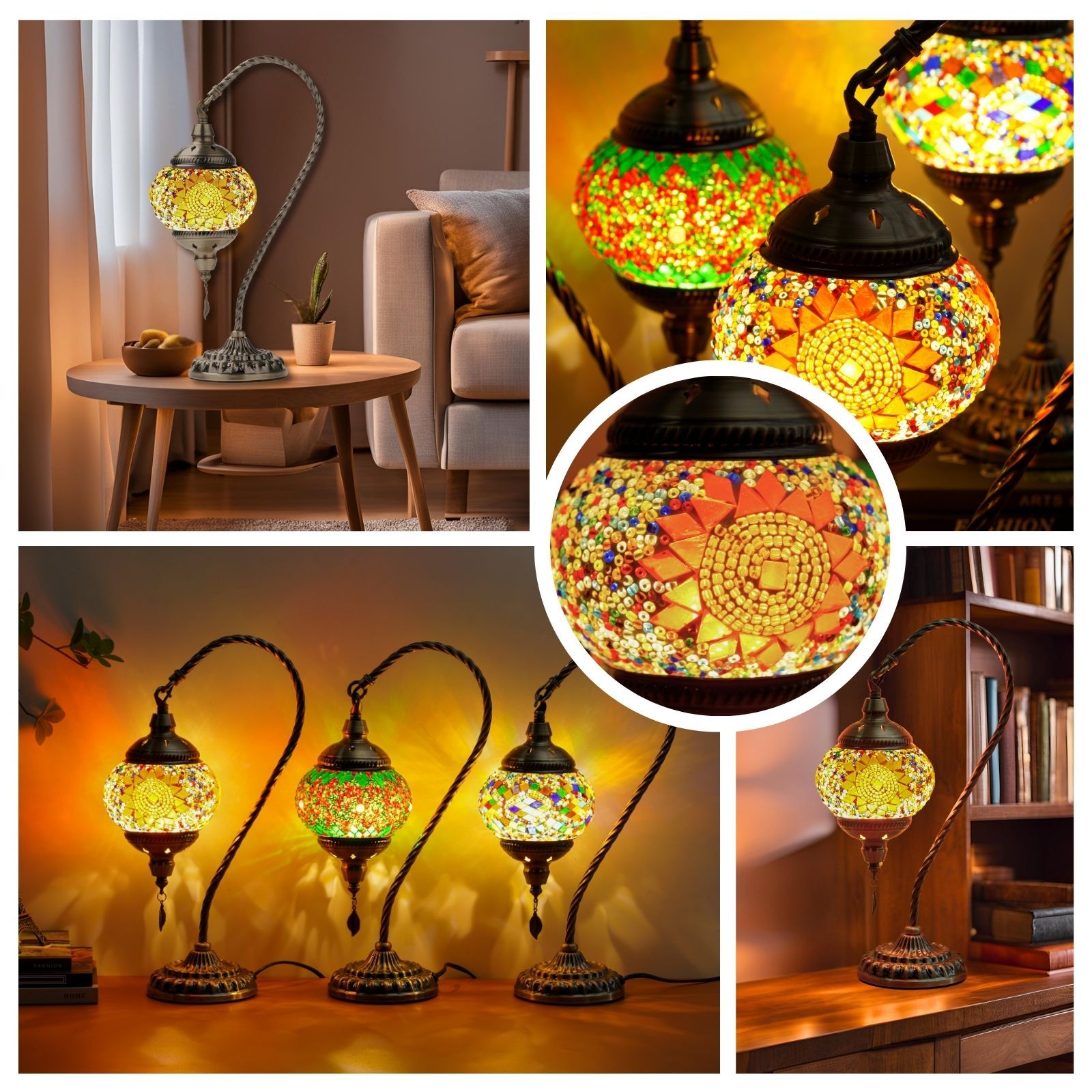 Moktan Sabai Turkish Mosaic Table Lamp – Swan Neck Moroccan Bedside Light with LED Bulb