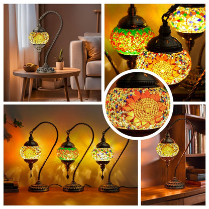 Turkish Mosaic Table Lamp – Swan Neck Moroccan Bedside Light with LED Bulb