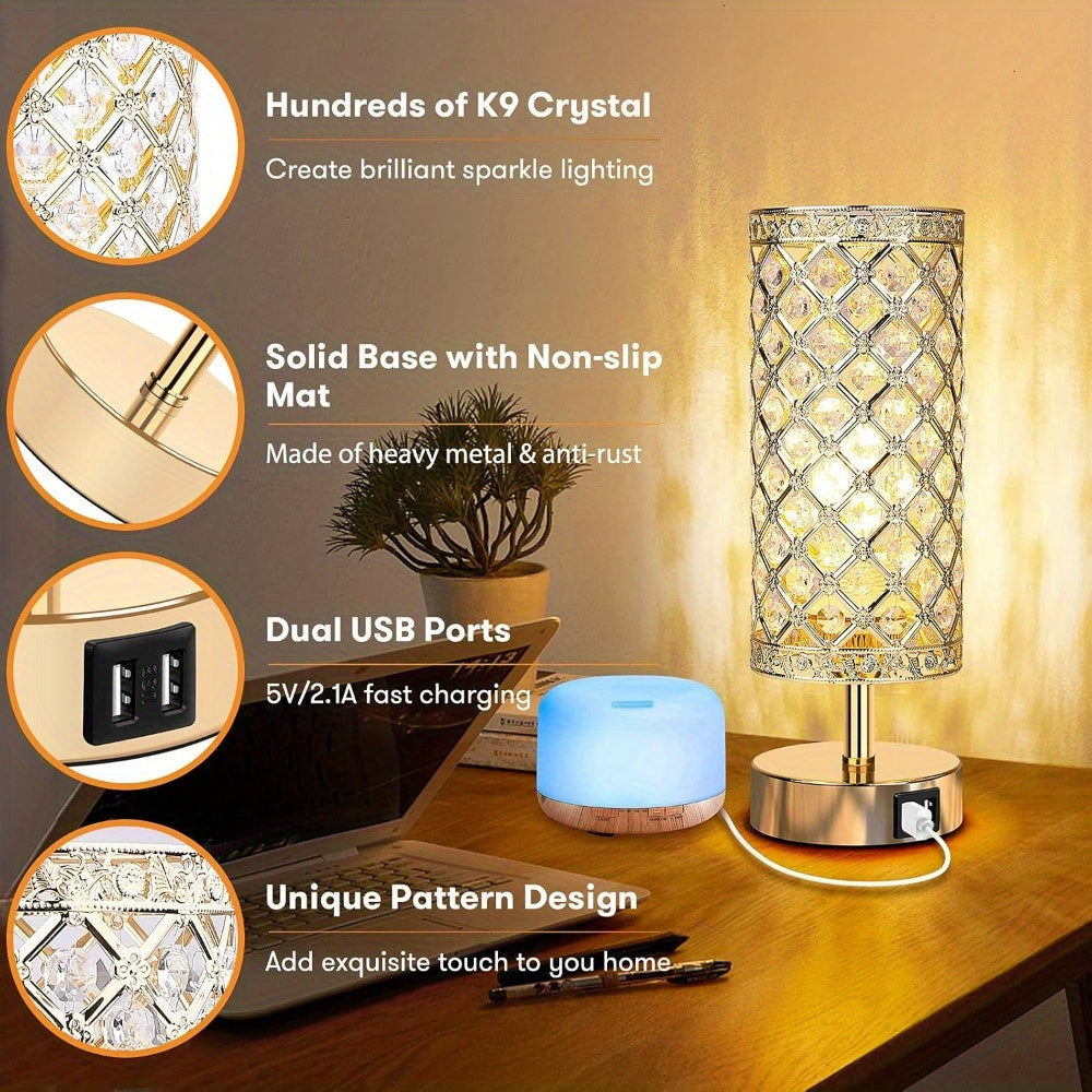 Moktan Sabai Set of 2 Crystal Table Lamps – Touch Control USB Bedside Lights, 3-Way Dimmable