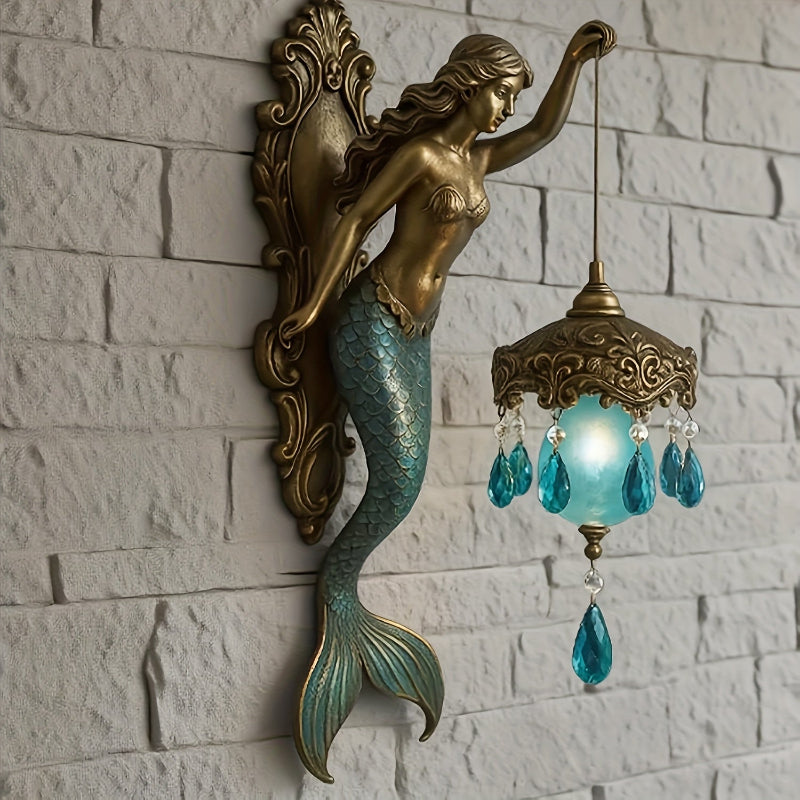 Moktan Sabai Mermaid Wall Sconce – Ocean Theme Crystal Lantern Light for Bedroom & Bathroom