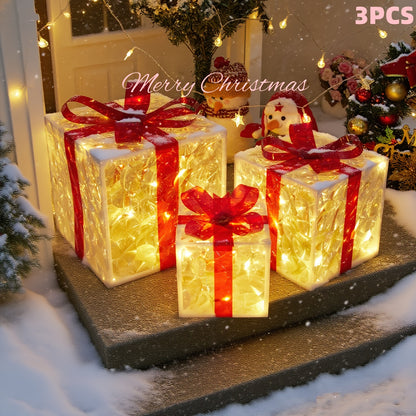 Lighted Christmas Gift Box Set of 3 with LED Lights, Outdoor Indoor Holiday Decor