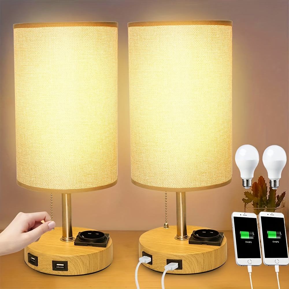 Moktan Sabai LumaTouch | Touch Table Lamp with USB Outlet and Fabric Shade Bedside Decor Khaki (2 packs)