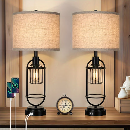 Farmhouse Table Lamps Set of 2, 29" Tall, USB, 2-Light Bedside Lamps, E26