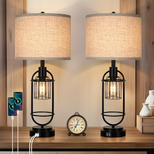 Farmhouse Table Lamps Set of 2, 29" Tall, USB, 2-Light Bedside Lamps, E26