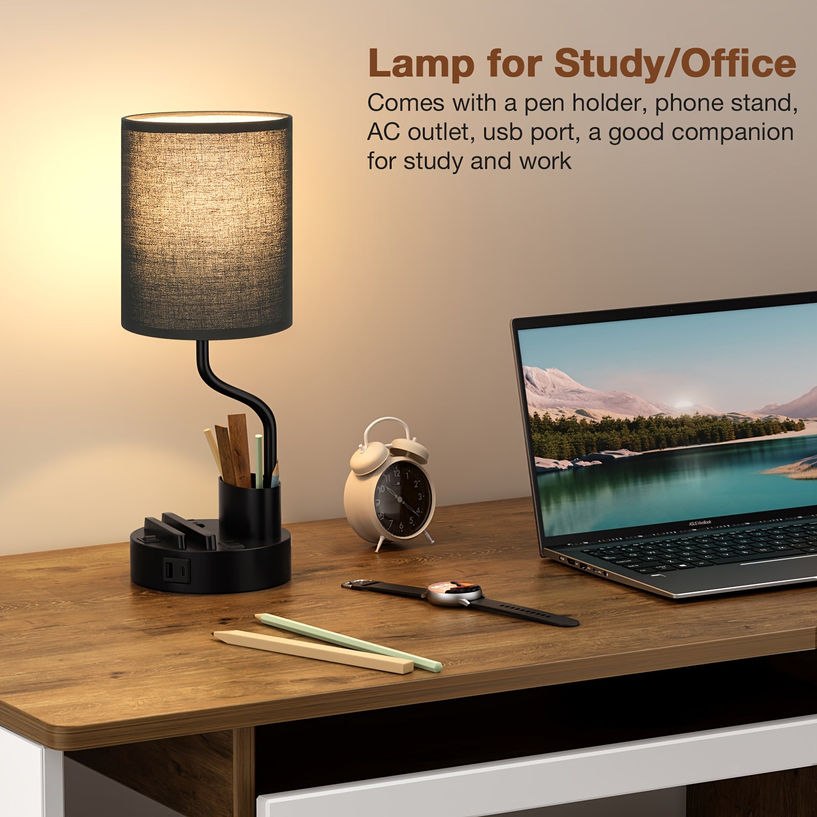 Moktan Sabai Set of 2 Bedside Lamps – USB-C+USB-A & Outlet, 3-Color Modern Nightstand Lights
