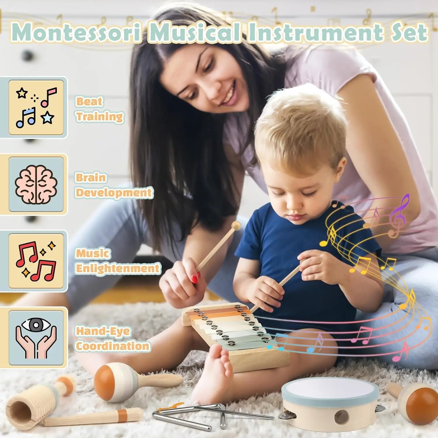 Moktan Sabai Montessori Wooden Toddler Musical Instrument Set Xylophone Educational Toy Kit