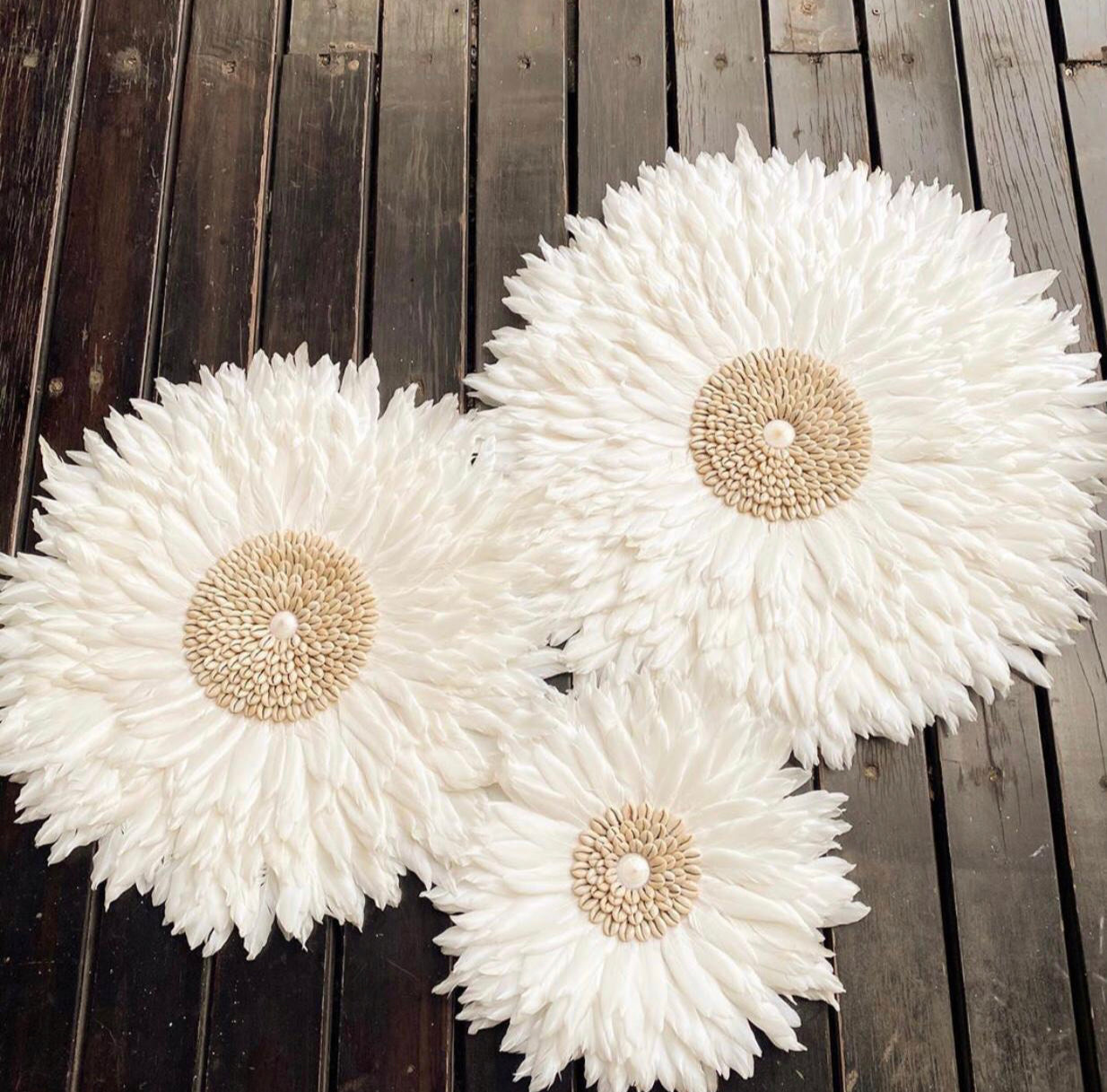 Moktan Sabai Feather Wall Hanging Juju Hat Decor with Shell or Mirror Center 22 inches