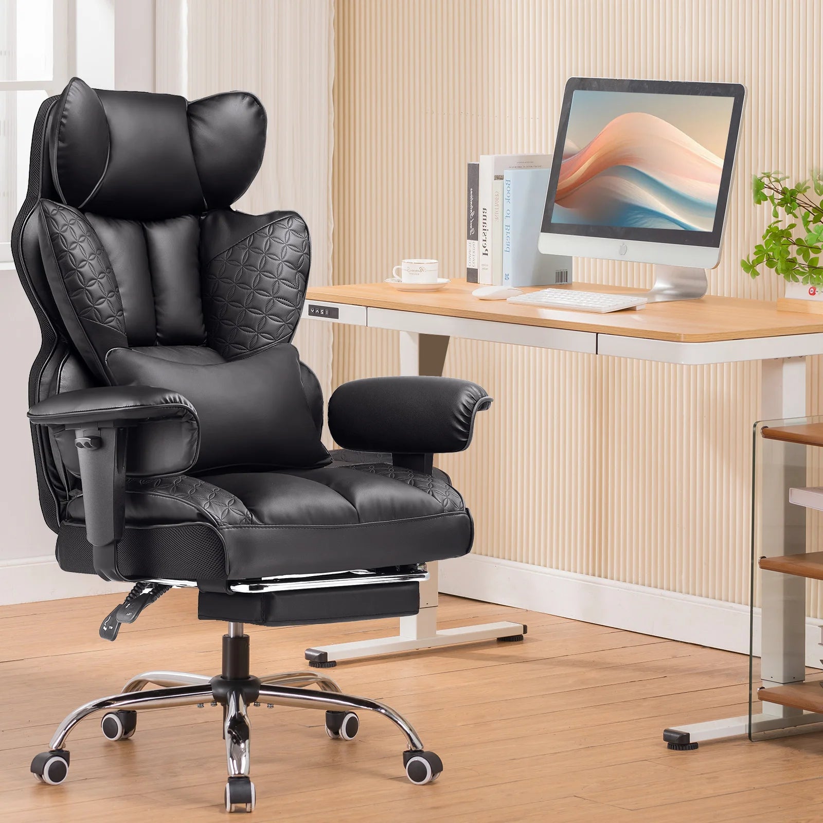 Moktan Sabai Ergonomic Leather Gaming Chair High Back Office Chair with Footrest Black