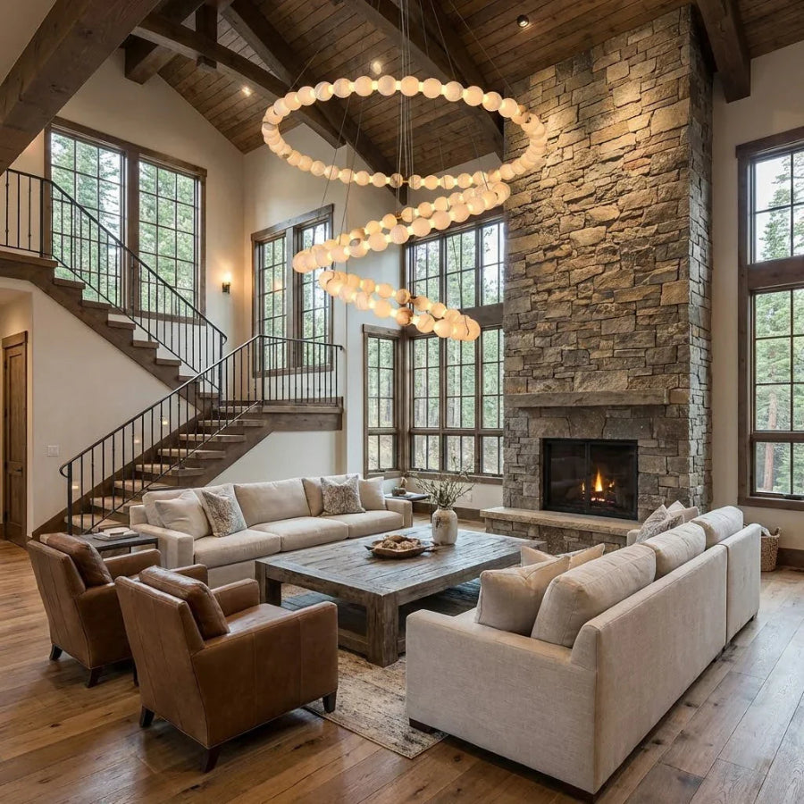 Moktan Sabai Alabaster Ring Chandelier – Gold Beaded LED Luxury Ceiling Light