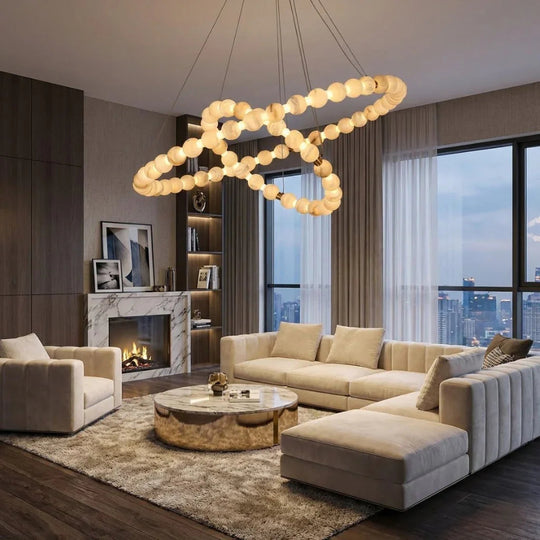 Moktan Sabai Alabaster Ring Chandelier – Gold Beaded LED Luxury Ceiling Light