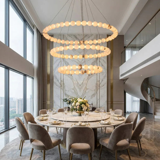 Moktan Sabai Alabaster Ring Chandelier – Gold Beaded LED Luxury Ceiling Light