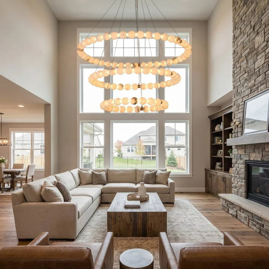 Moktan Sabai Alabaster Ring Chandelier – Gold Beaded LED Luxury Ceiling Light