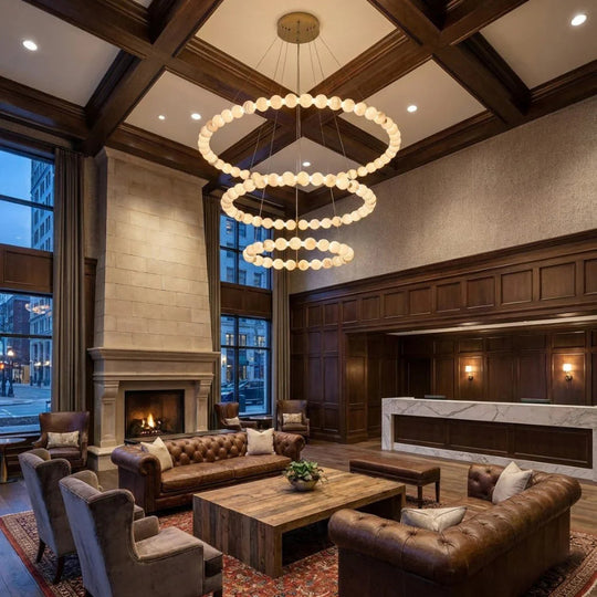 Moktan Sabai Alabaster Ring Chandelier – Gold Beaded LED Luxury Ceiling Light