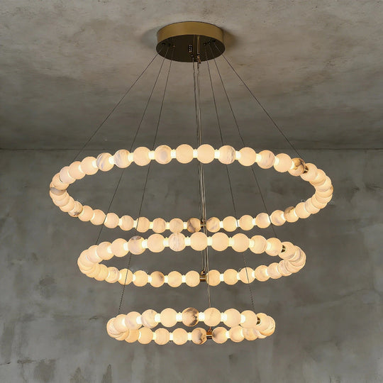 Moktan Sabai Alabaster Ring Chandelier – Gold Beaded LED Luxury Ceiling Light 3-layers 23.6″ + 31.5″ + 39.4″ Gold & White