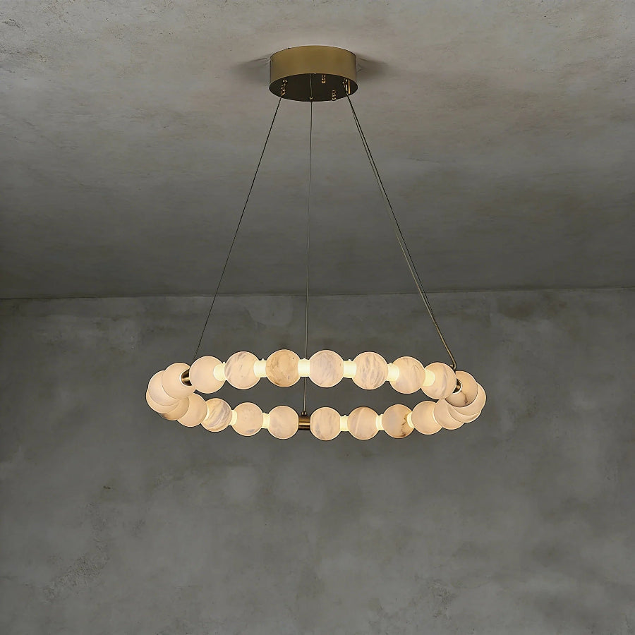 Moktan Sabai Alabaster Ring Chandelier – Gold Beaded LED Luxury Ceiling Light ∅23.6″ x H 2.4″ Gold & White