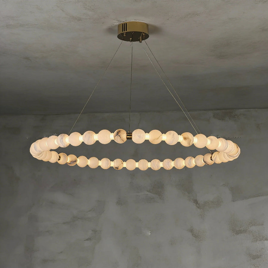 Moktan Sabai Alabaster Ring Chandelier – Gold Beaded LED Luxury Ceiling Light ∅39.4″ x H 2.4″ Gold & White