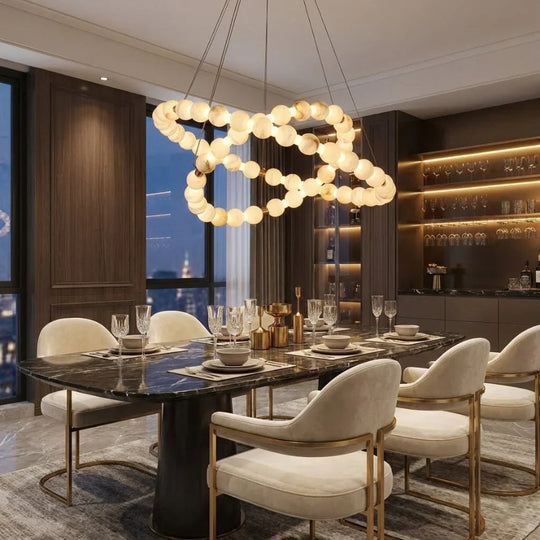 Moktan Sabai Alabaster Ring Chandelier – Gold Beaded LED Luxury Ceiling Light