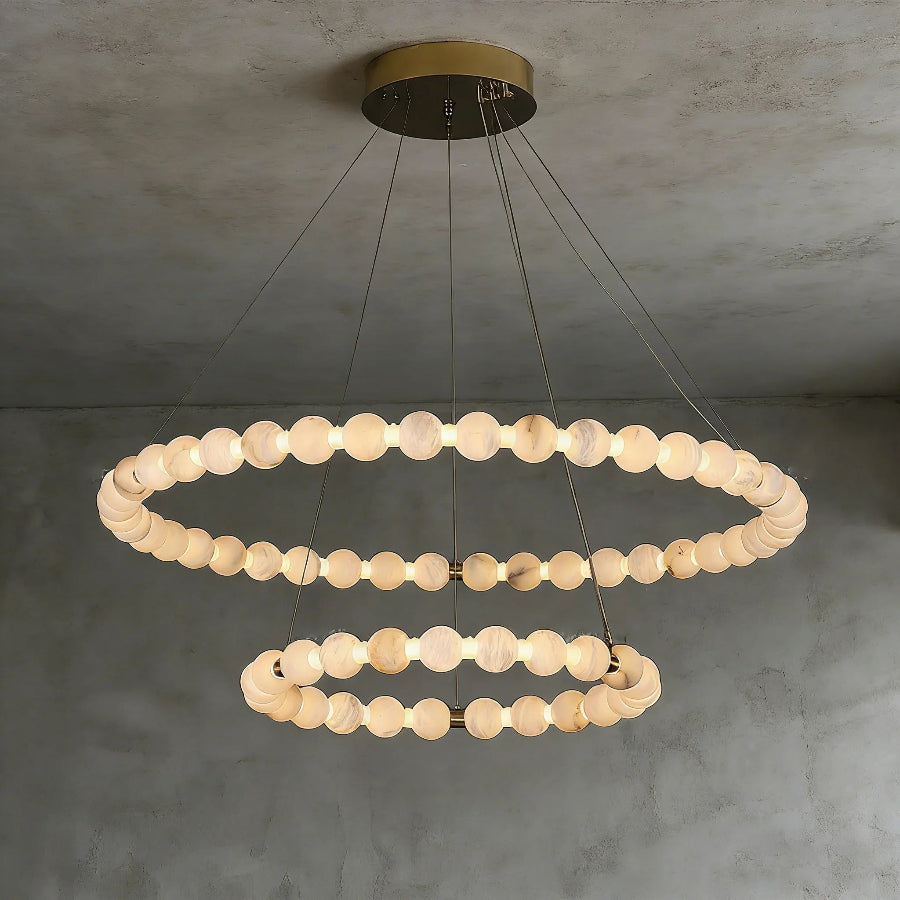Moktan Sabai Alabaster Ring Chandelier – Gold Beaded LED Luxury Ceiling Light 2-layers 23.6″ + 39.4″ Gold & White