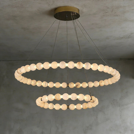 Moktan Sabai Alabaster Ring Chandelier – Gold Beaded LED Luxury Ceiling Light 2-layers 23.6″ + 39.4″ Gold & White