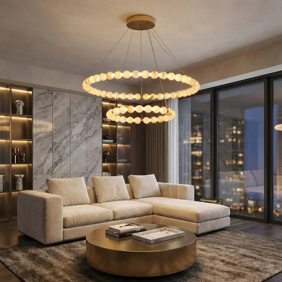 Moktan Sabai Alabaster Ring Chandelier – Gold Beaded LED Luxury Ceiling Light